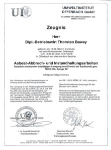 Asbest Zertifikat Thorsten Bawey